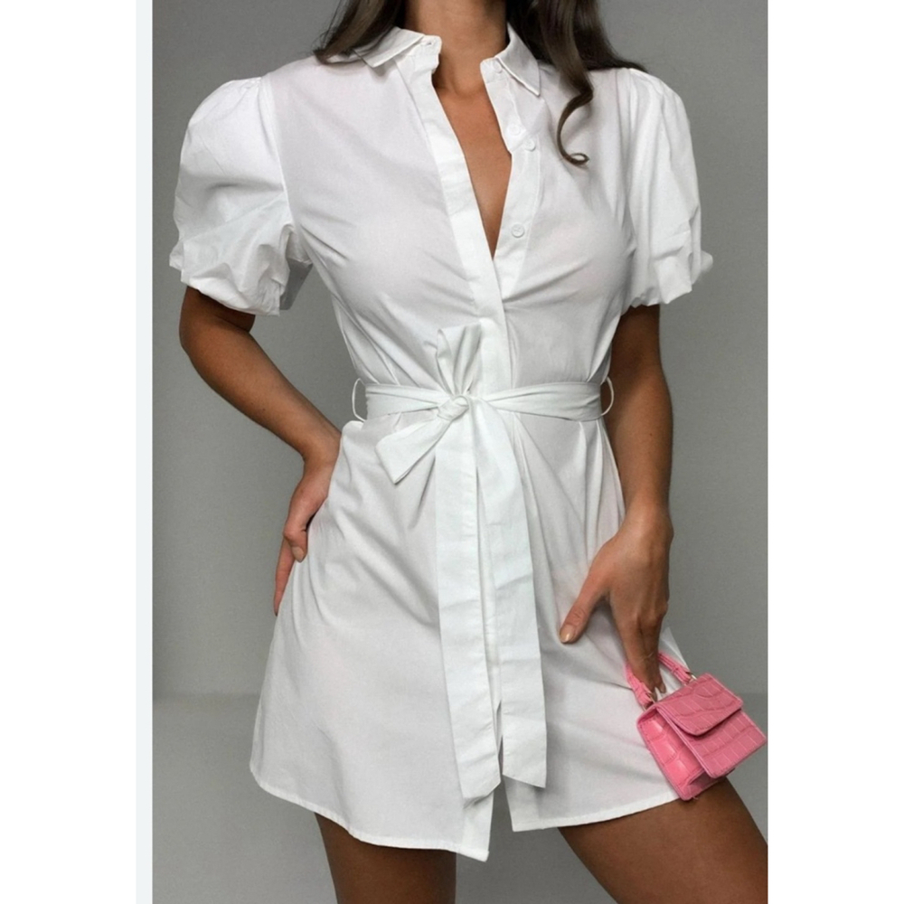 Women's Missguided White Puff Sleeve Tie Waist Mini Shirt Dress Plus 14